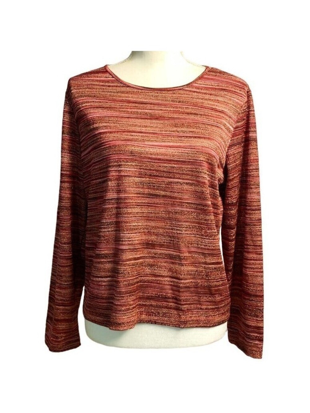 Rafaella Petites Red Pink Metallic Striped Long Sleeve Knit Top Large L Retro